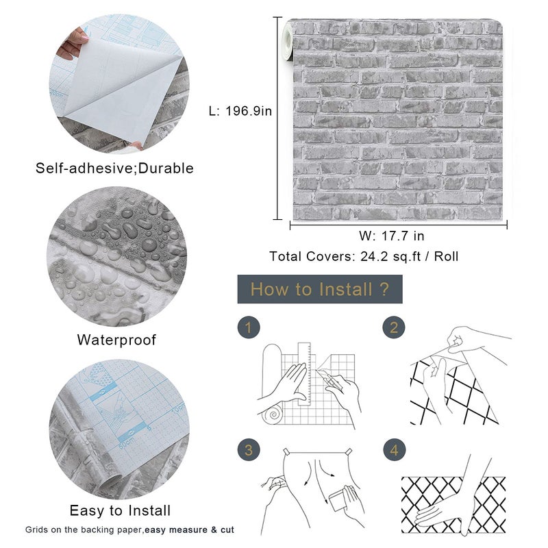 Timeet Grey Brick Wallpaper Peel and Stick Wallpaper 17.7" x 197" Self-Adhesive Film Brick Contact Paper 3D Textured Brick Wallpaper Removable Wallpaper for Room Wall Decoration - Image 4